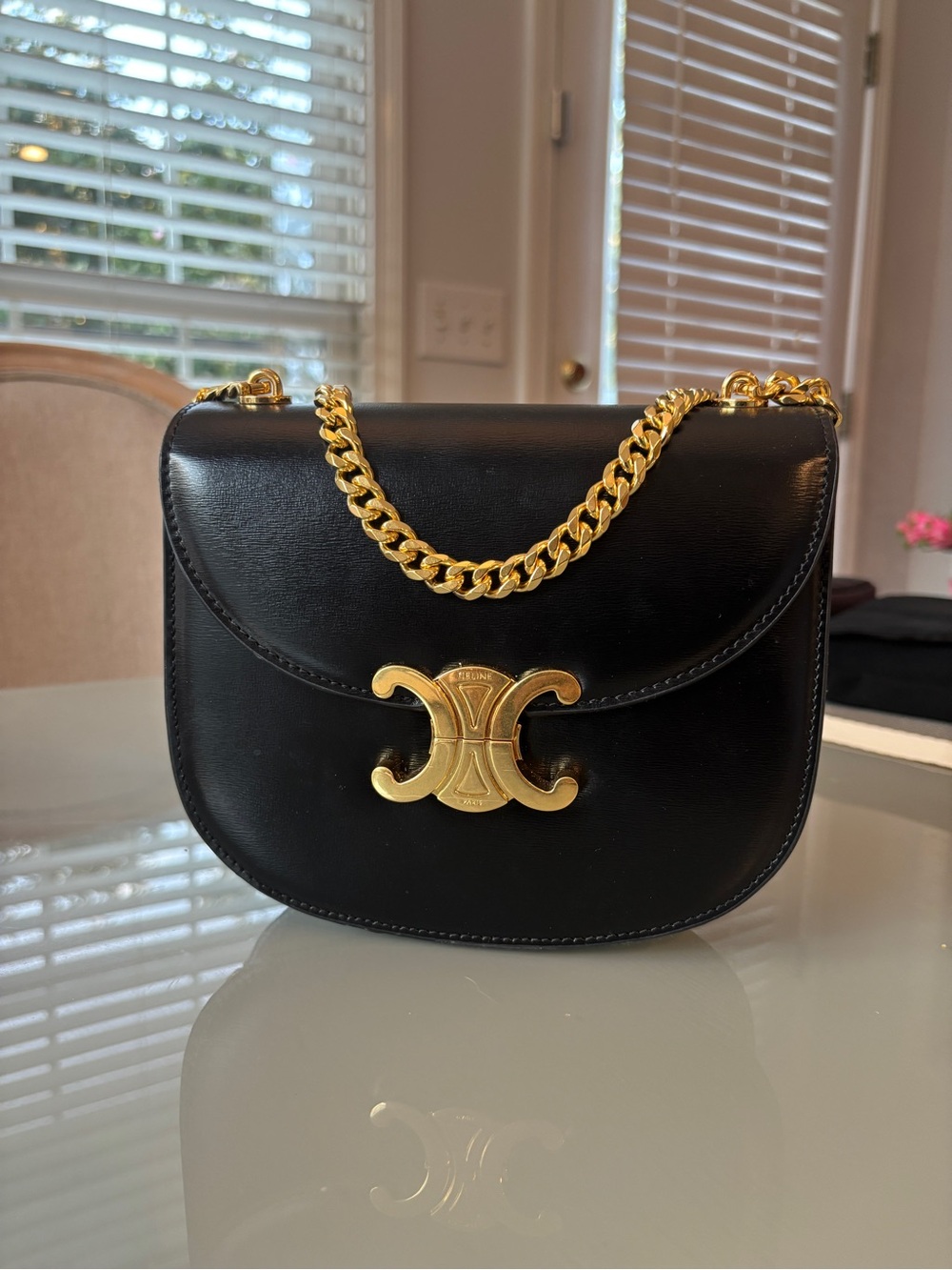 Celine Black Leather Shoulder Bag with Gold Triomphe Hardware